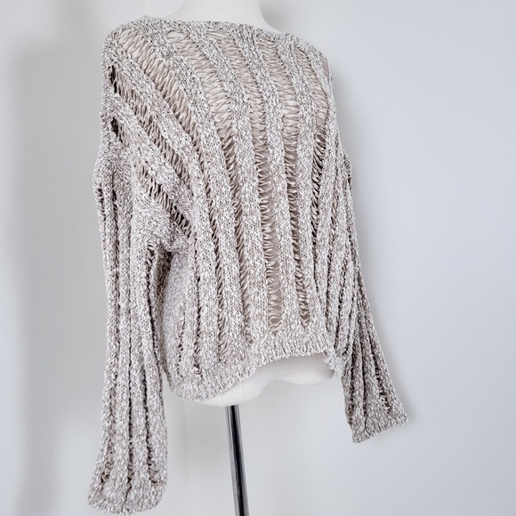 H&M cotton open knit crew neck long sleeve crop cropped beige crochet - Picture 4 of 9